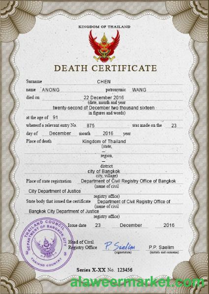 Thailand death certificate PSD template